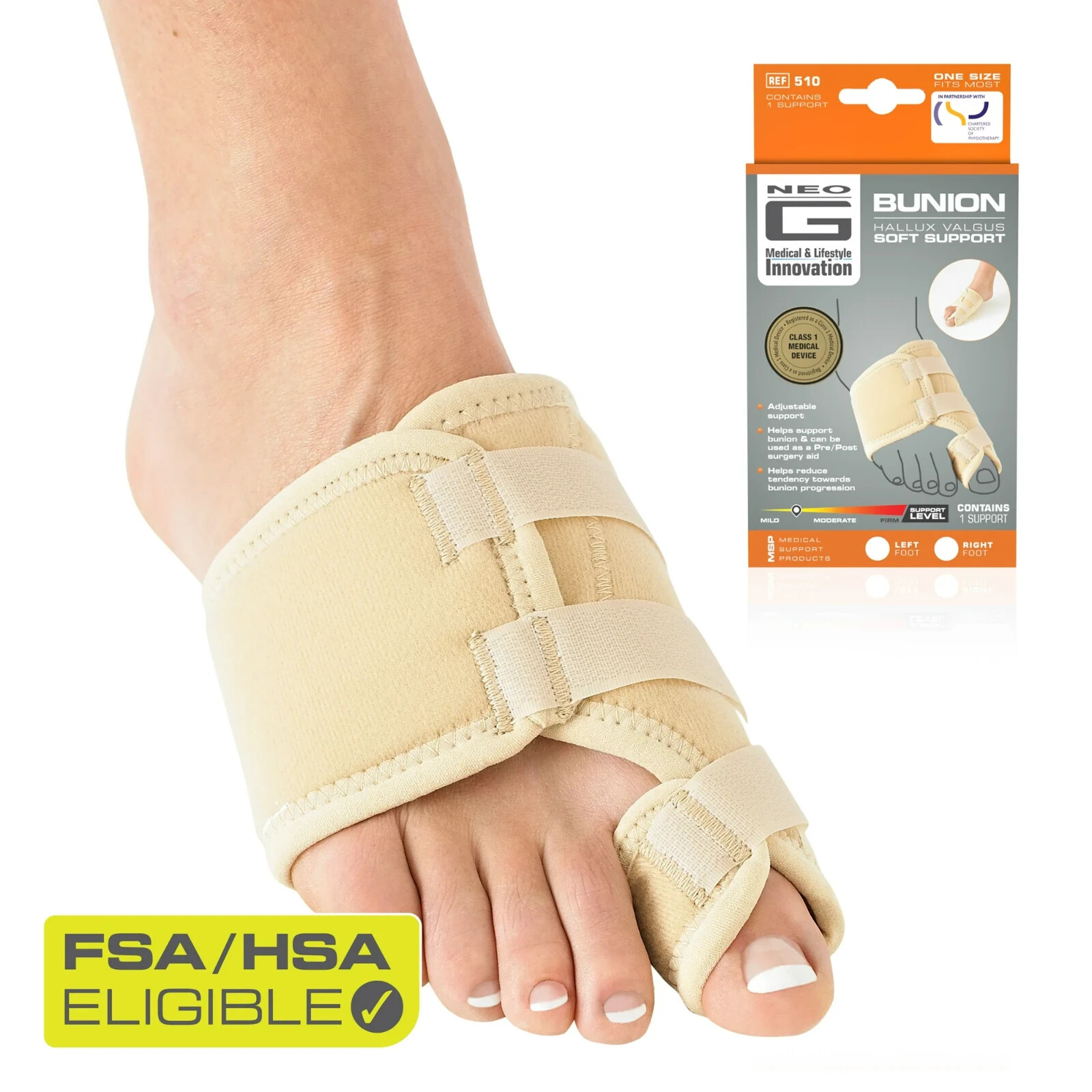 NEO G Bunion Correction System One Pair Soft Support Adjustable Brace One Size