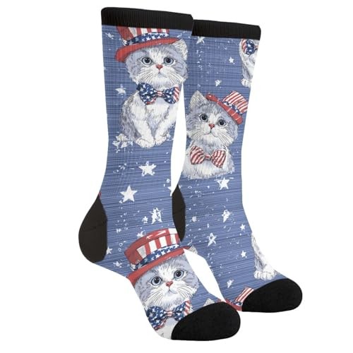 Rutuioy Men Women Funny Crazy Novelty Crew Tube Patriotic Cat Stripes Navy Blue