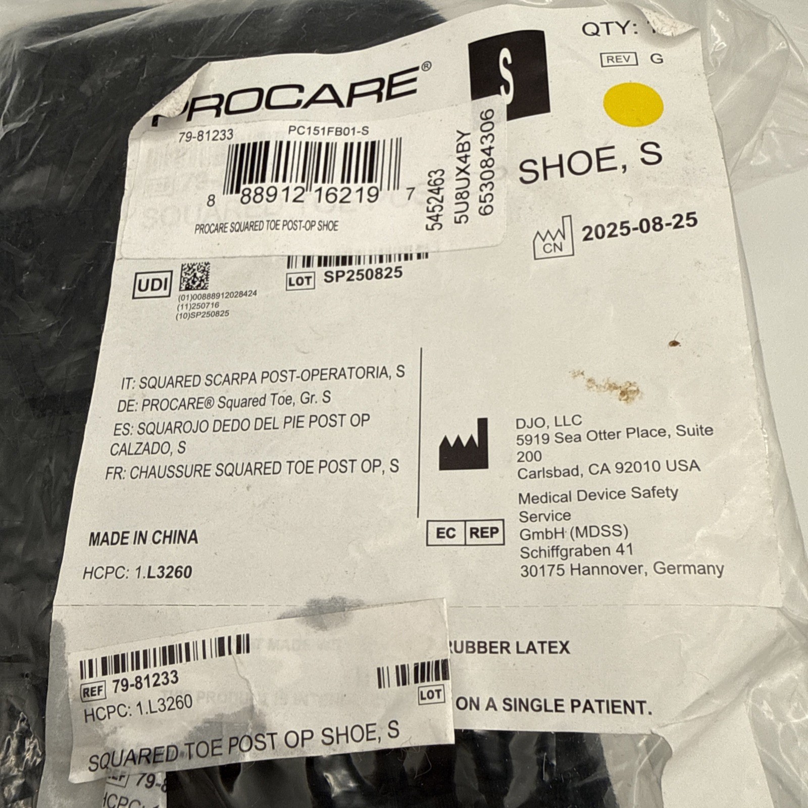 ProCare Squared Toe Post-Op Shoe Small Black 79-81233 DJO New Sealed PC151FB01-S