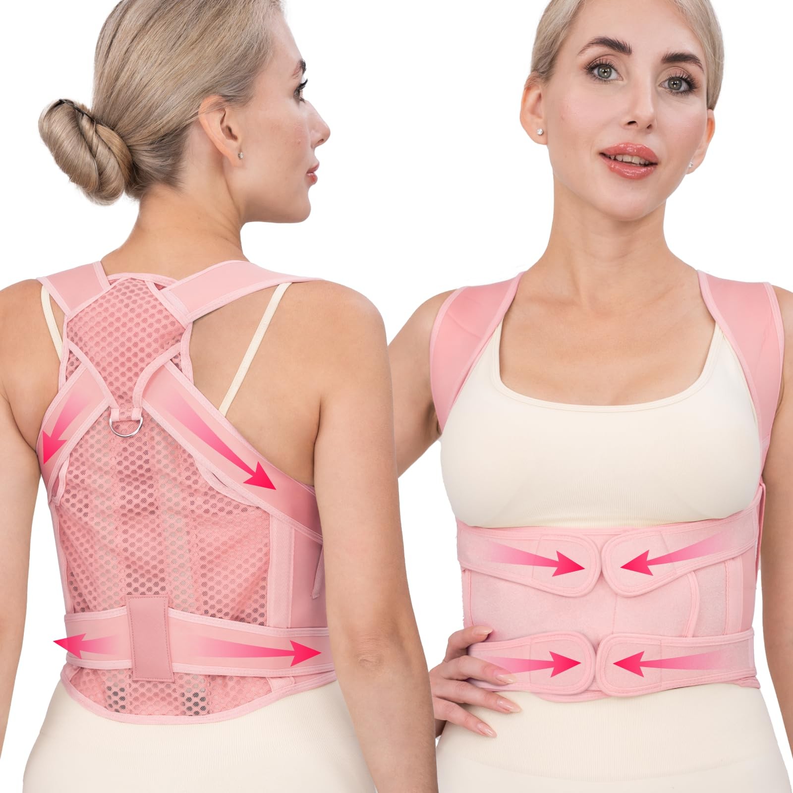 LuxuMach Back Brace Posture Corrector for Women & Men, Medium, Pink