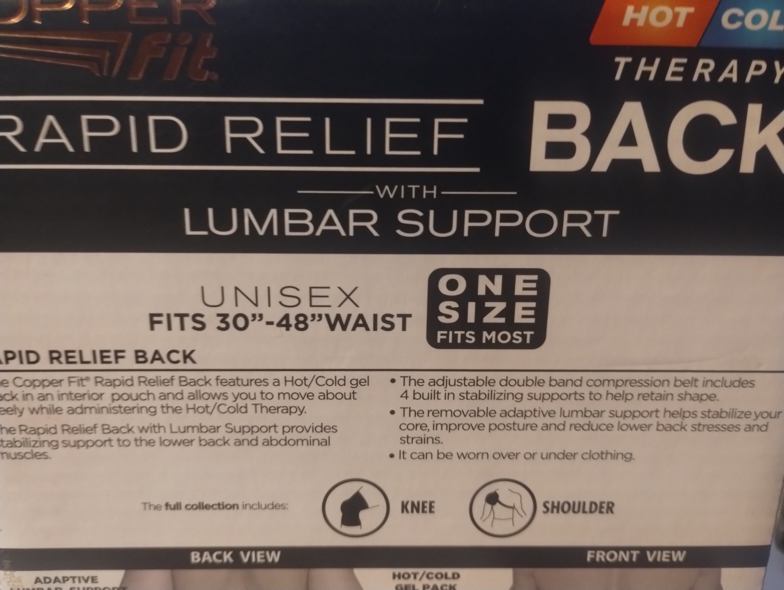 NEW IN BOX Copper Fit Rapid Relief 3-In-1 Hot/Cold Therapy Back Support One Size