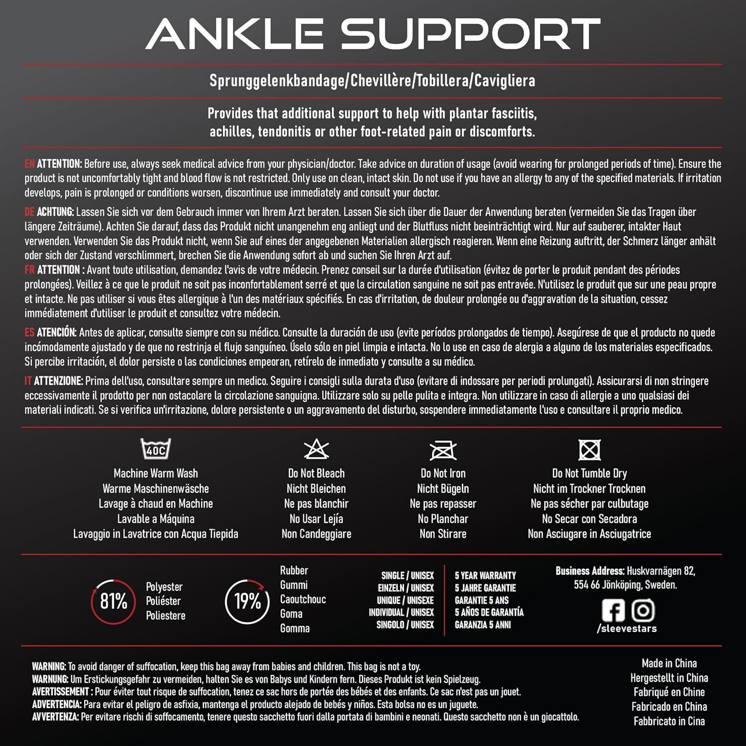 Ankle Compression Sleeve with Adjustable Strap for Sprain & Plantar Fasciitis