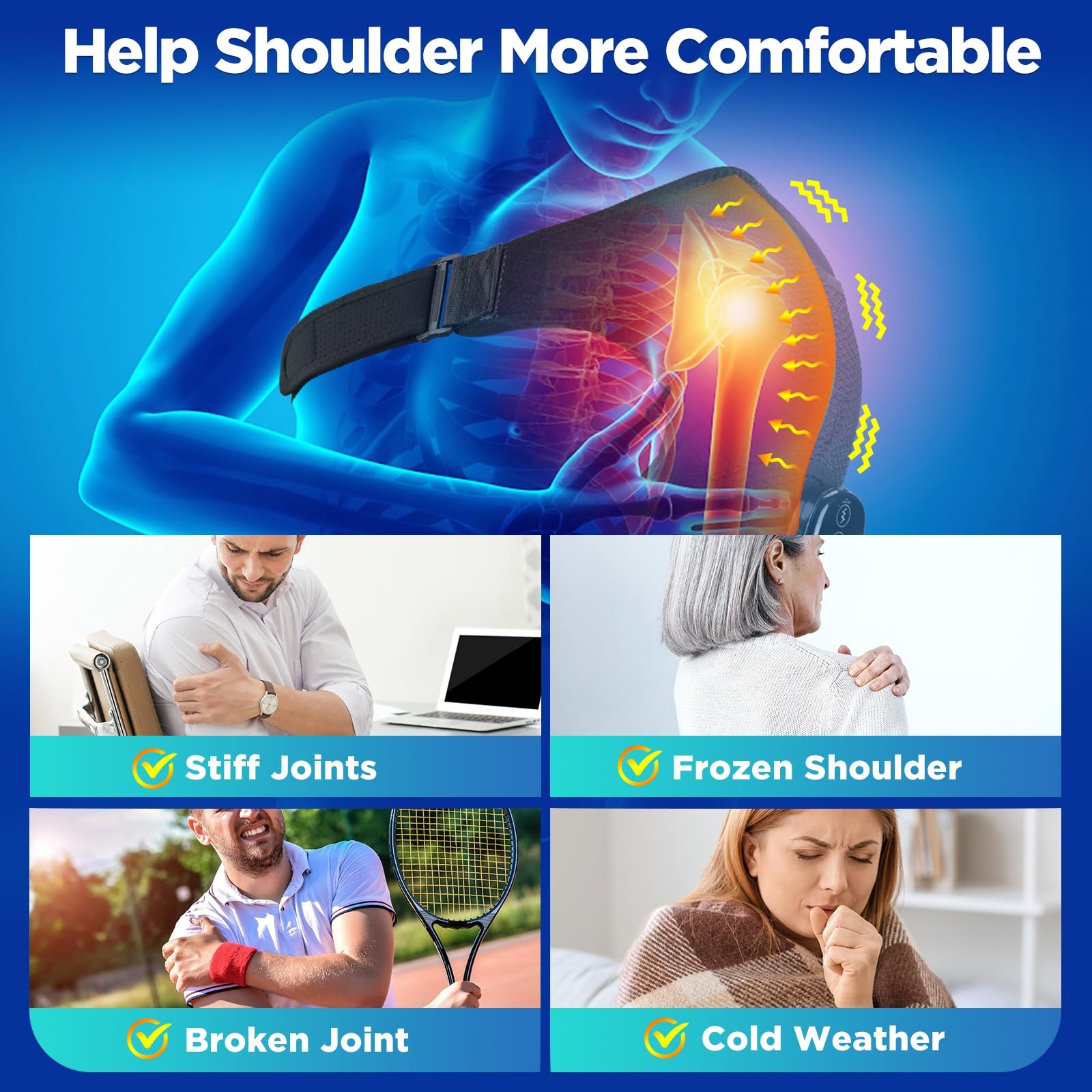Cordless Portable Shoulder Heating Pad Massager Vibration Support Black Wrap