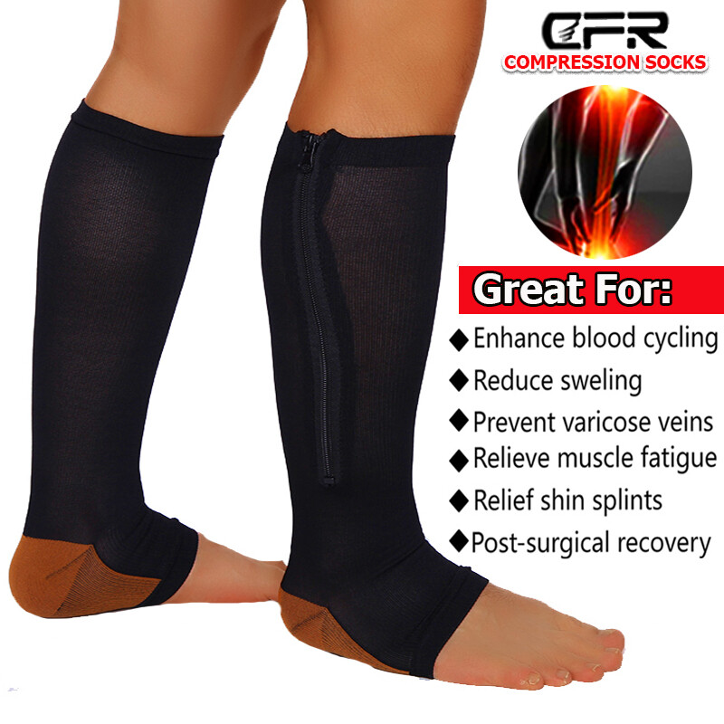 Pair Open Toe Zipper Compression Socks Calf Knee High Graduated Support Stock