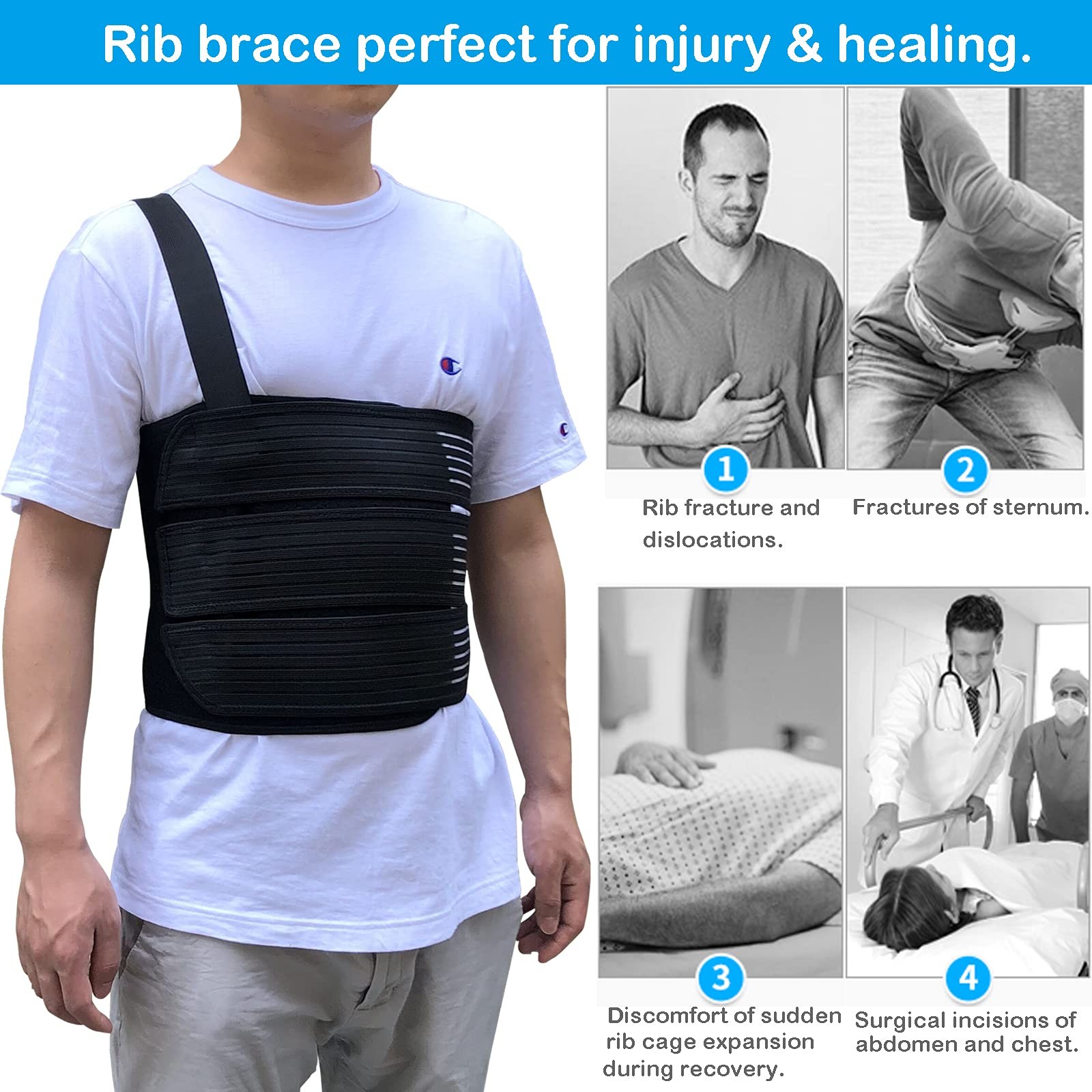 Rib Belt Chest Binder For Broken Injury Ribs Elastic Brace Support Pain