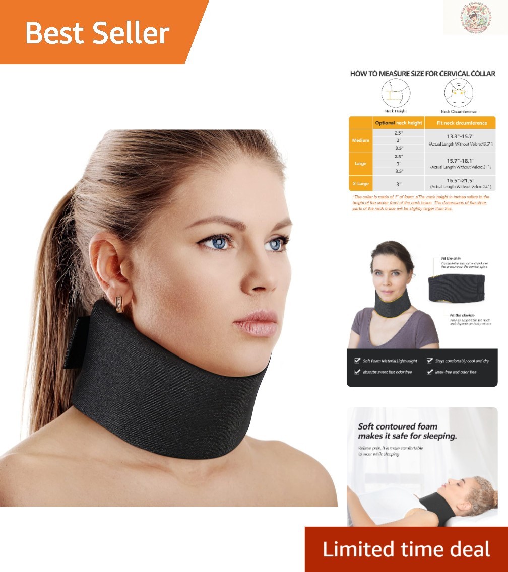Adjustable Soft Foam Neck Brace – Medium Cervical Collar for Pain Relief, Black