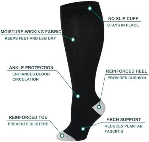 Double Couple 3 Pairs Plus Size Wide Calf Compression Socks for Women & Men 2…