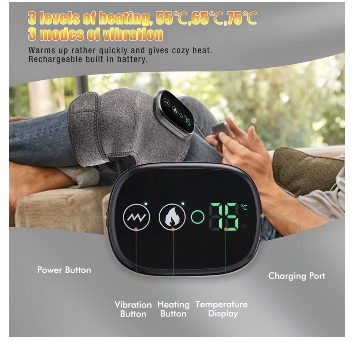 MOAJAZA Cordless Heated Vibrating Knee Brace Wrap Rechargeable Adjustable Gray
