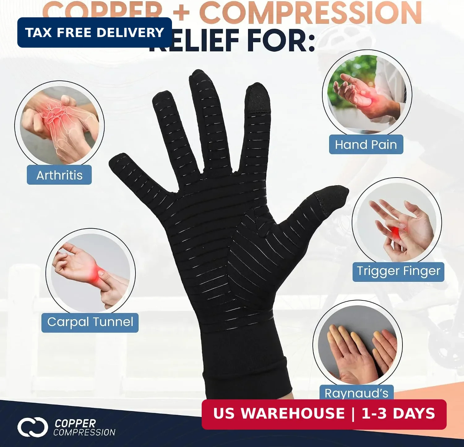 Copper Compression Full Finger Arthritis Gloves – Palm Grips – Touch Screen Fing