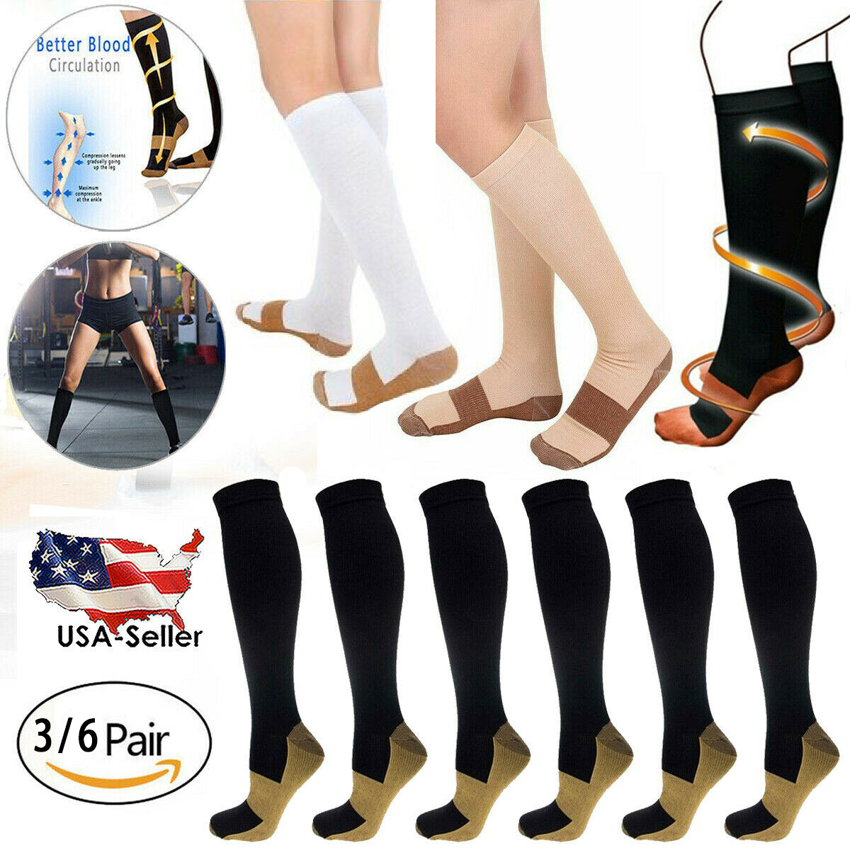 6pairs Compression Socks Women Men 20-30Mmhg Extra Wide Calf Knee High plus Size