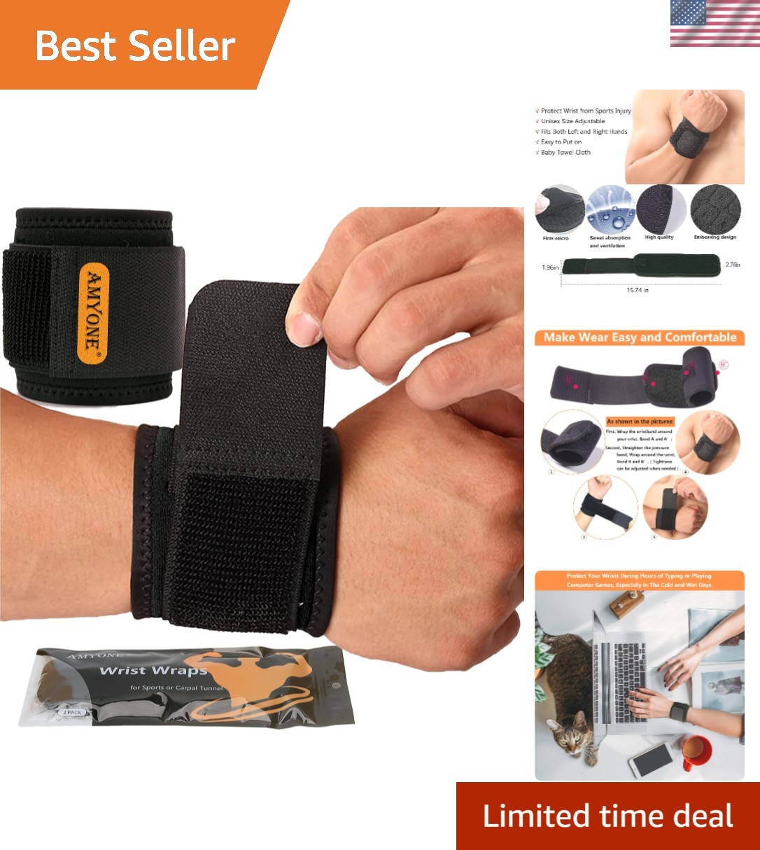 2 Pack Adjustable Wrist Brace Wraps for Pain Relief & Carpal Tunnel Support