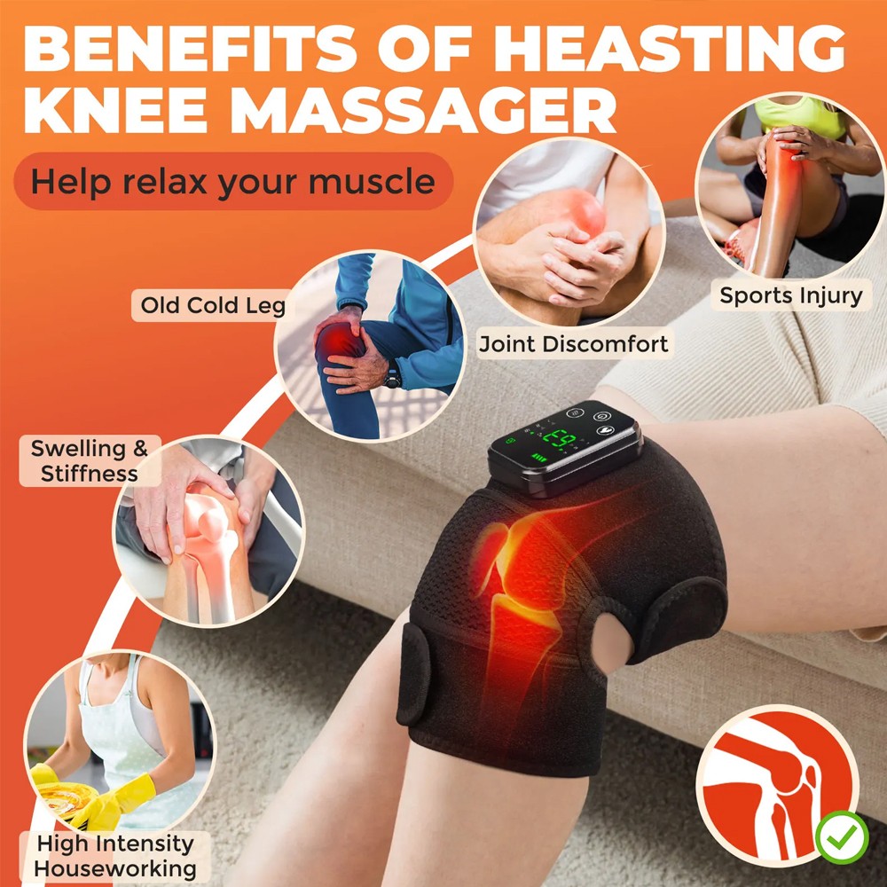 Cordless Knee Massager Electric Heat Vibration 3 Heating Levels USB Rechargeable