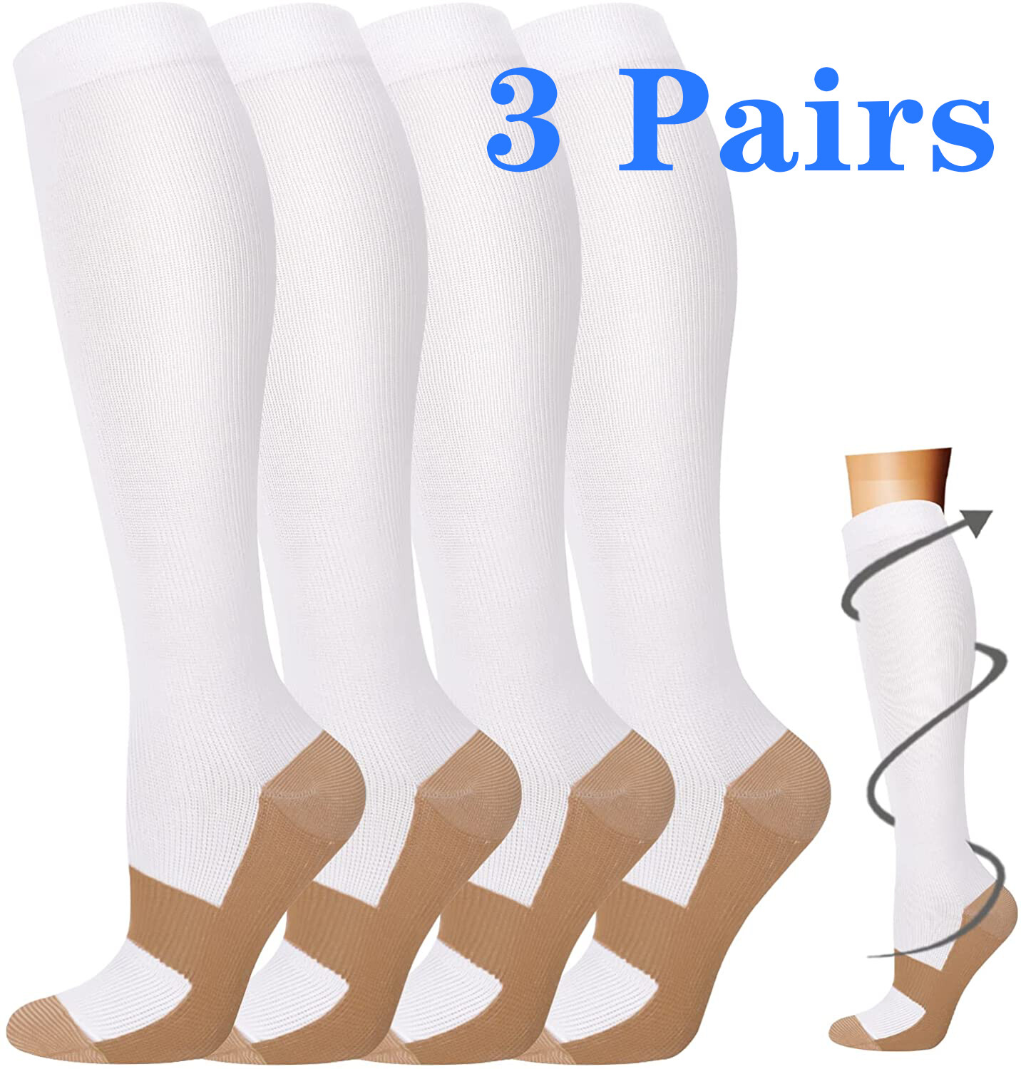 3 Pairs Copper Compression Socks Graduated Support 20-30mmHg Mens Womens S/M-XXL