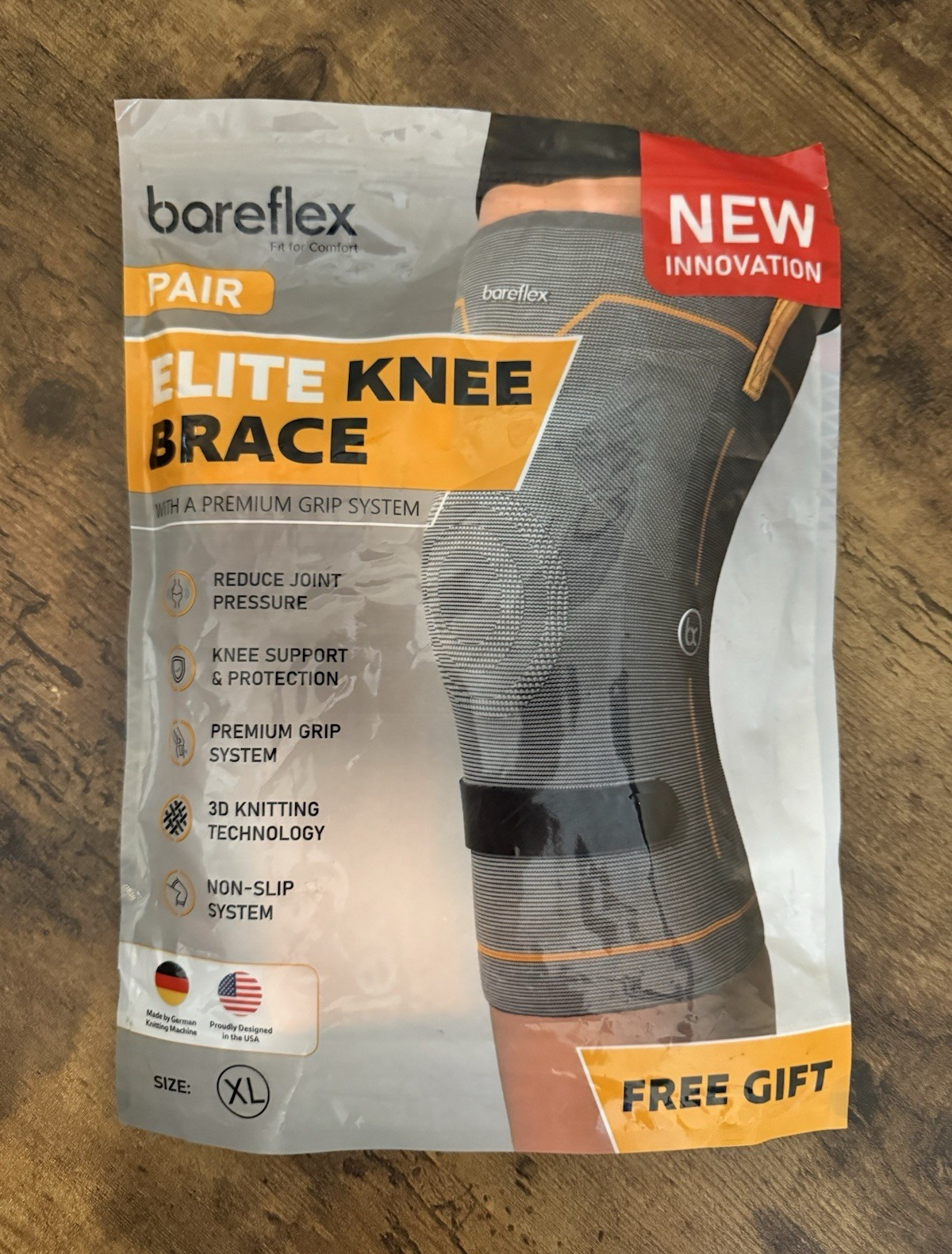 bareflex Elite Knee Brace Pair XL Gray/Orange Knee Support Compression