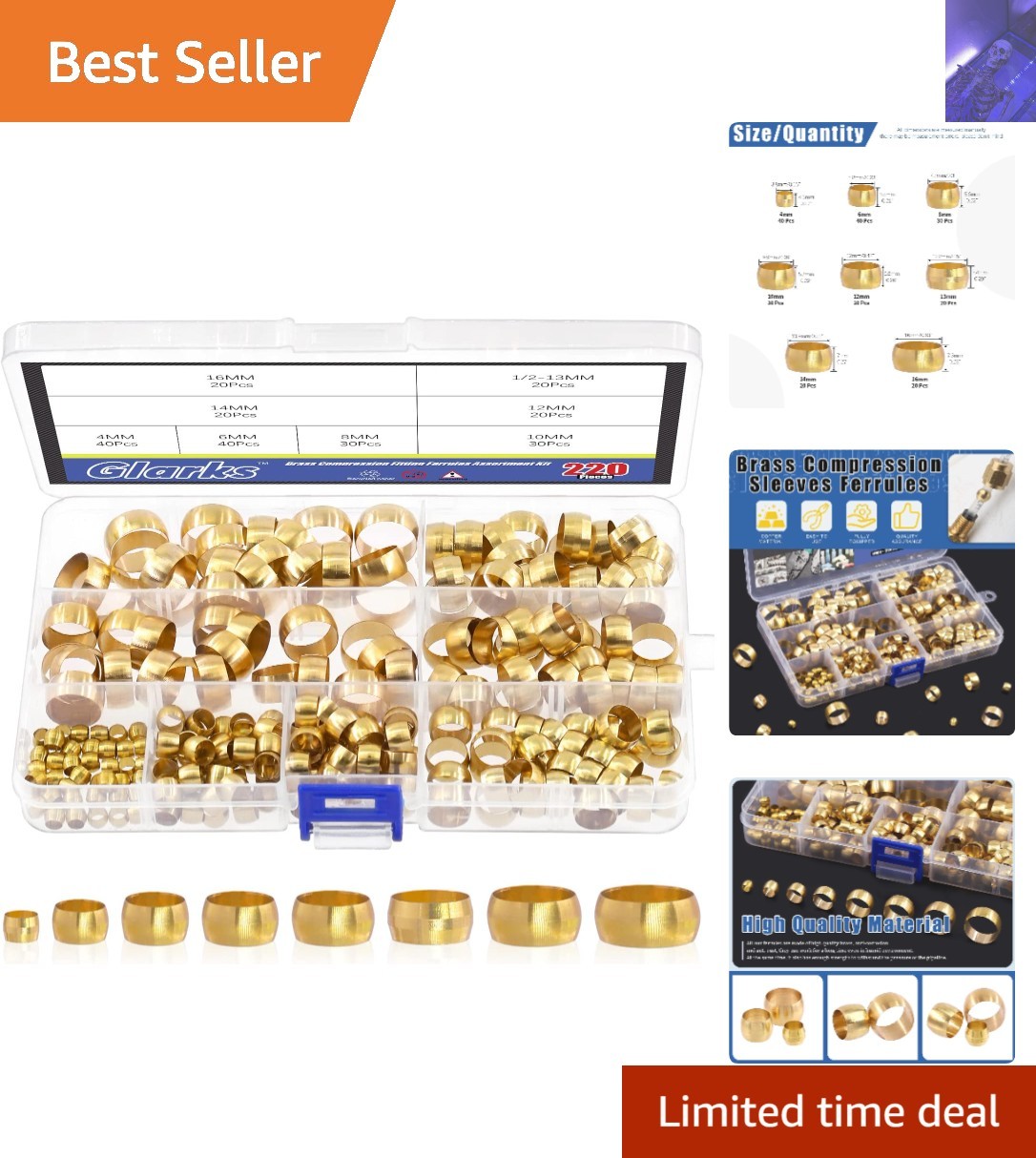 220Pcs Metric Brass Compression Ferrules – Ideal for 4mm to 16mm Tubing Systems