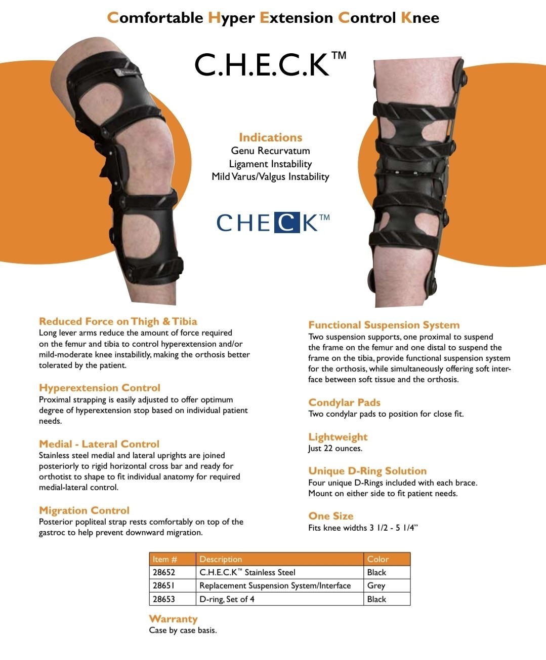 Allard Check Stainless Steel Hyperextension Orthosis Knee Leg Brace 28651