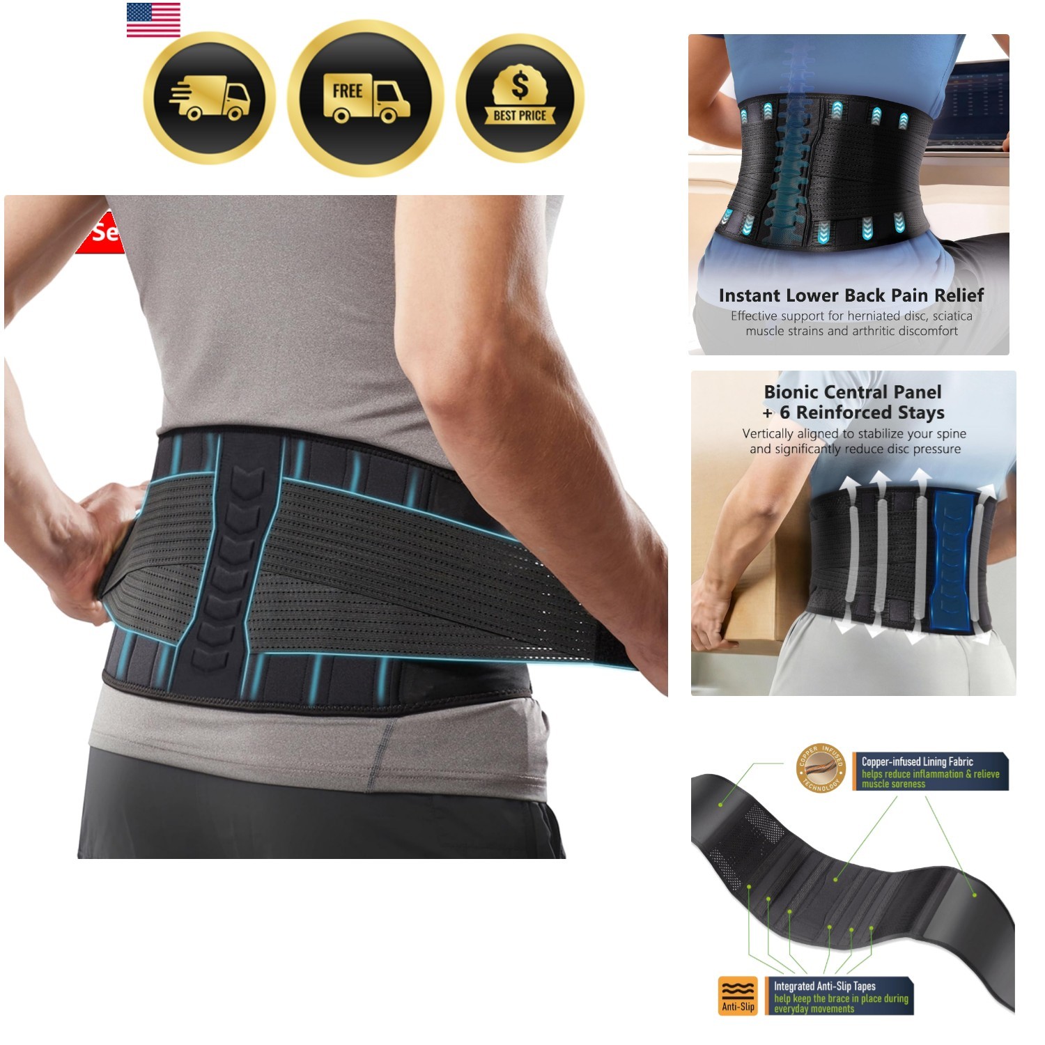 Copper-Infused Back Support Brace – Lightweight, Breathable Lumbar Belt with …