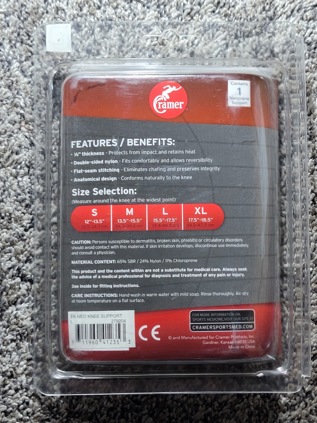 Cramer Neoprene Knee Support Size Large Fits Left or Right Knee