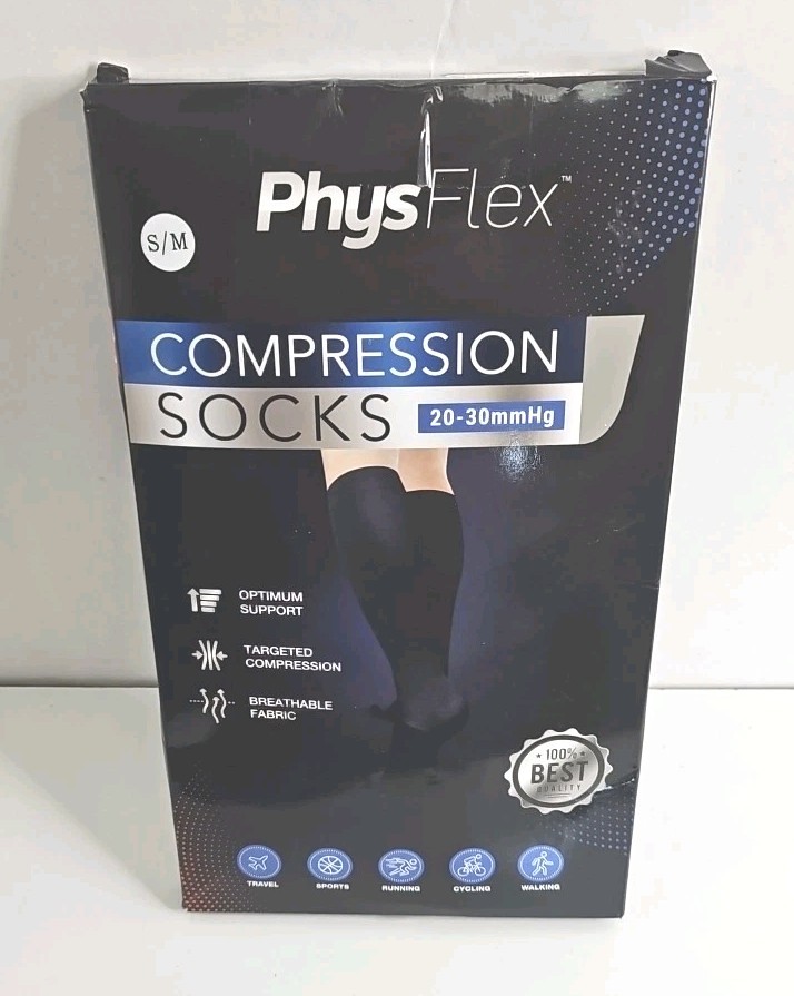 New PhysFlex 20-30mmHg Compression Socks Size S/M Men Women Knee High Black