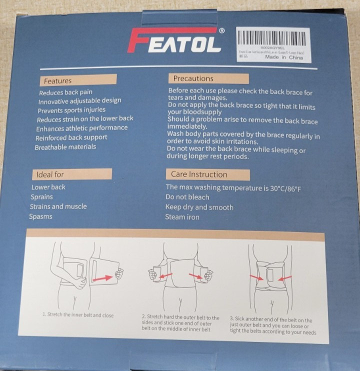 FEATOL Adjustable Back Brace w/ Removable Pad L/XL Black for Back & Waist
