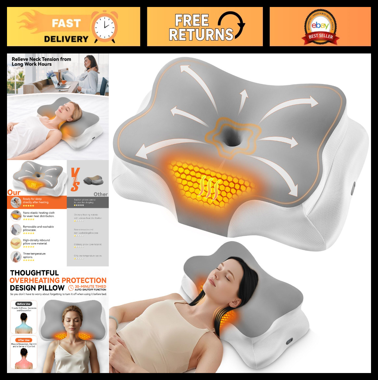 Ergonomic Heated Cervical Pillow for Neck Pain Relief, Orthopedic Memory Foam, U