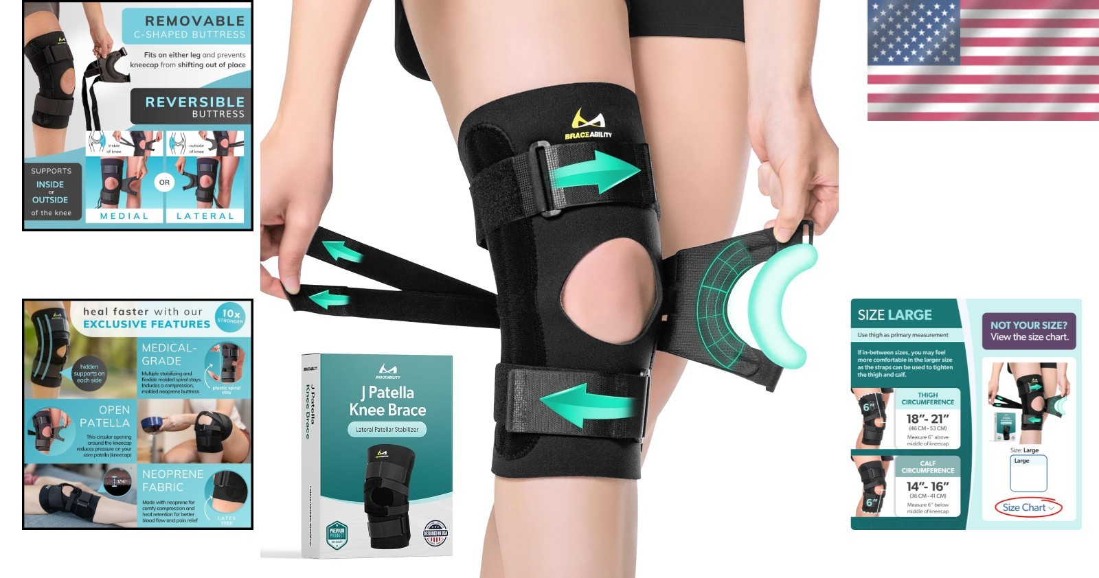 Large J Patella Stabilizer Knee Brace with Lateral Support for Dislocated Knees