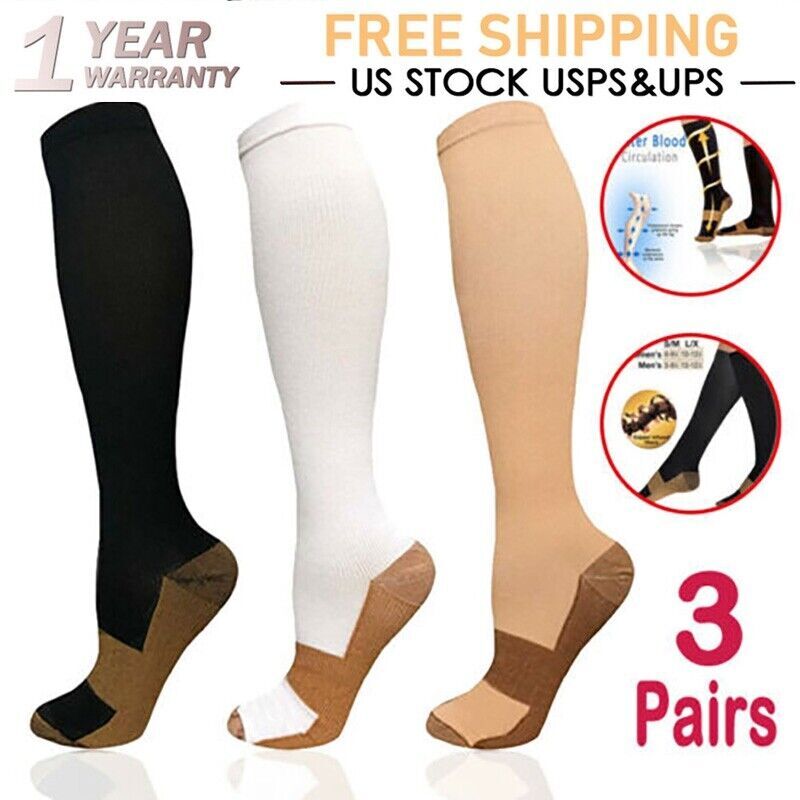 (S-XXL) Copper Compression Support Socks 20-30mmHg Knee High Unisex 3/6 Pairs–
