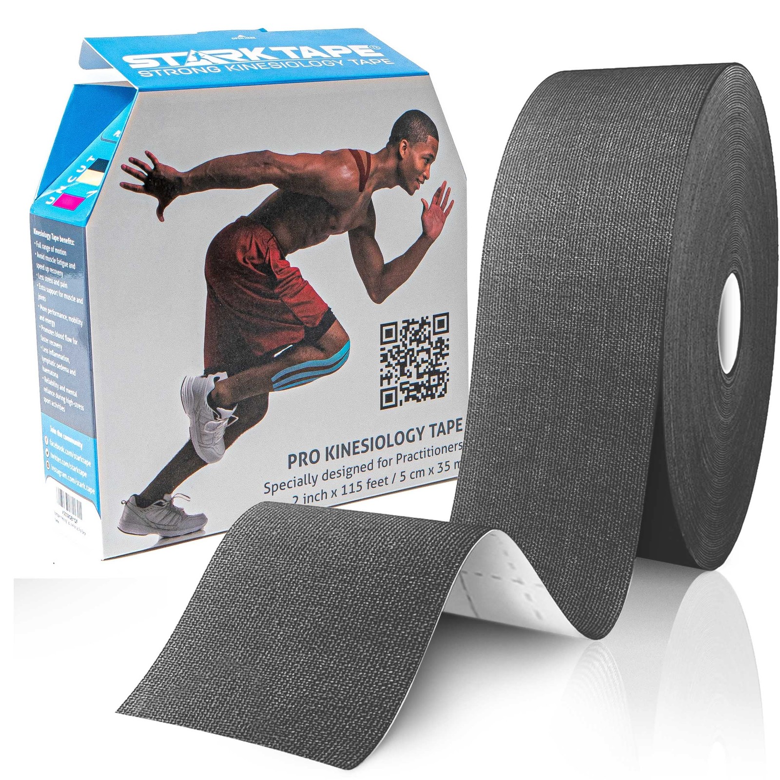 Starktape Bulk Kinesiology Tape 2″ W x 115′ L Black 97% Cotton /3% Spandex