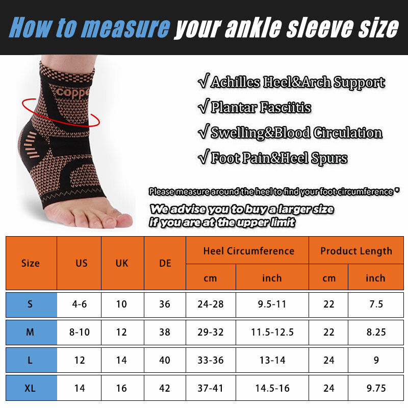 Copper Ankle Brace Support Compression Sleeve For Joint Fasciitis Pain Relief US