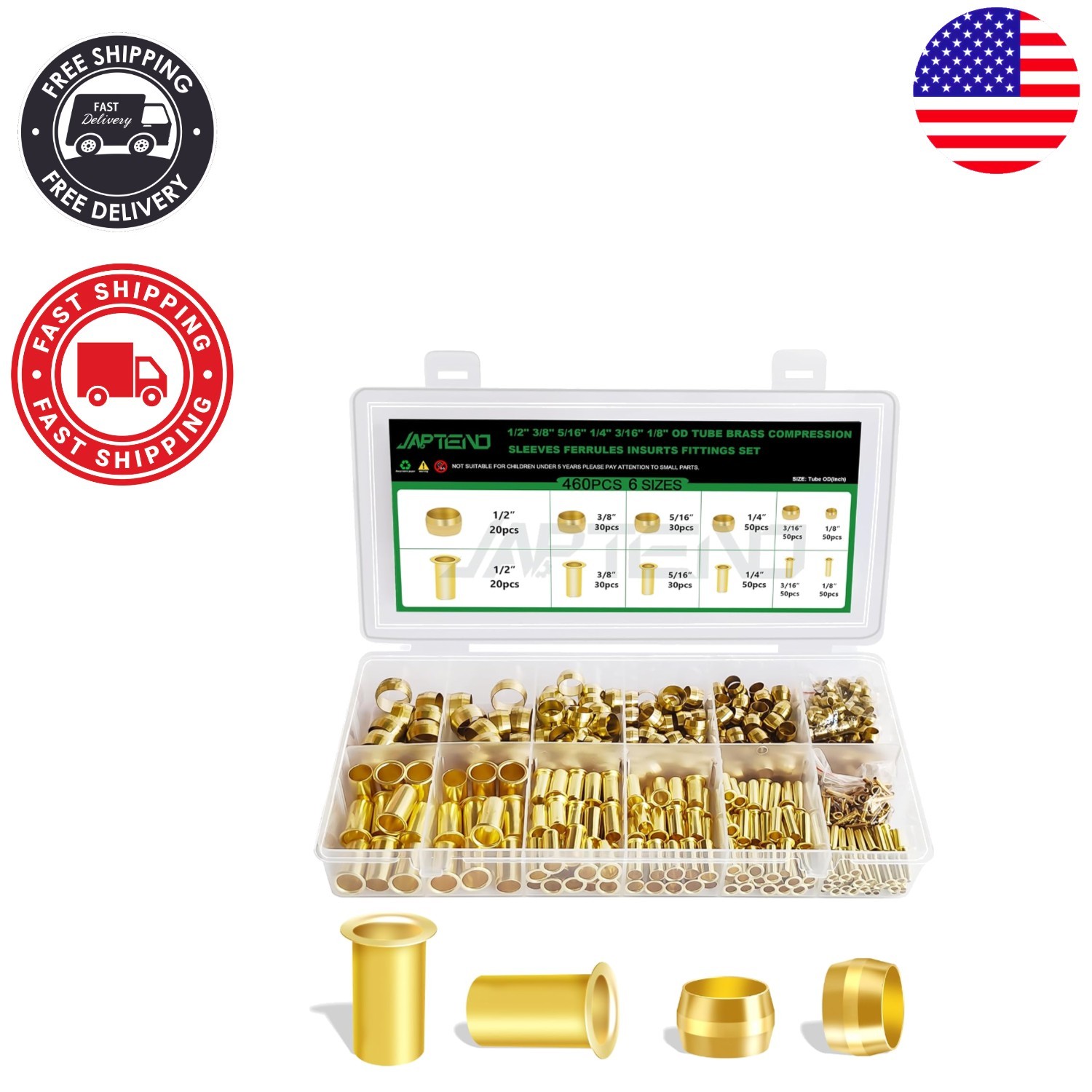 Comprehensive 460pcs Brass Ferrule Inserts in 6 Sizes for Pipe Connections