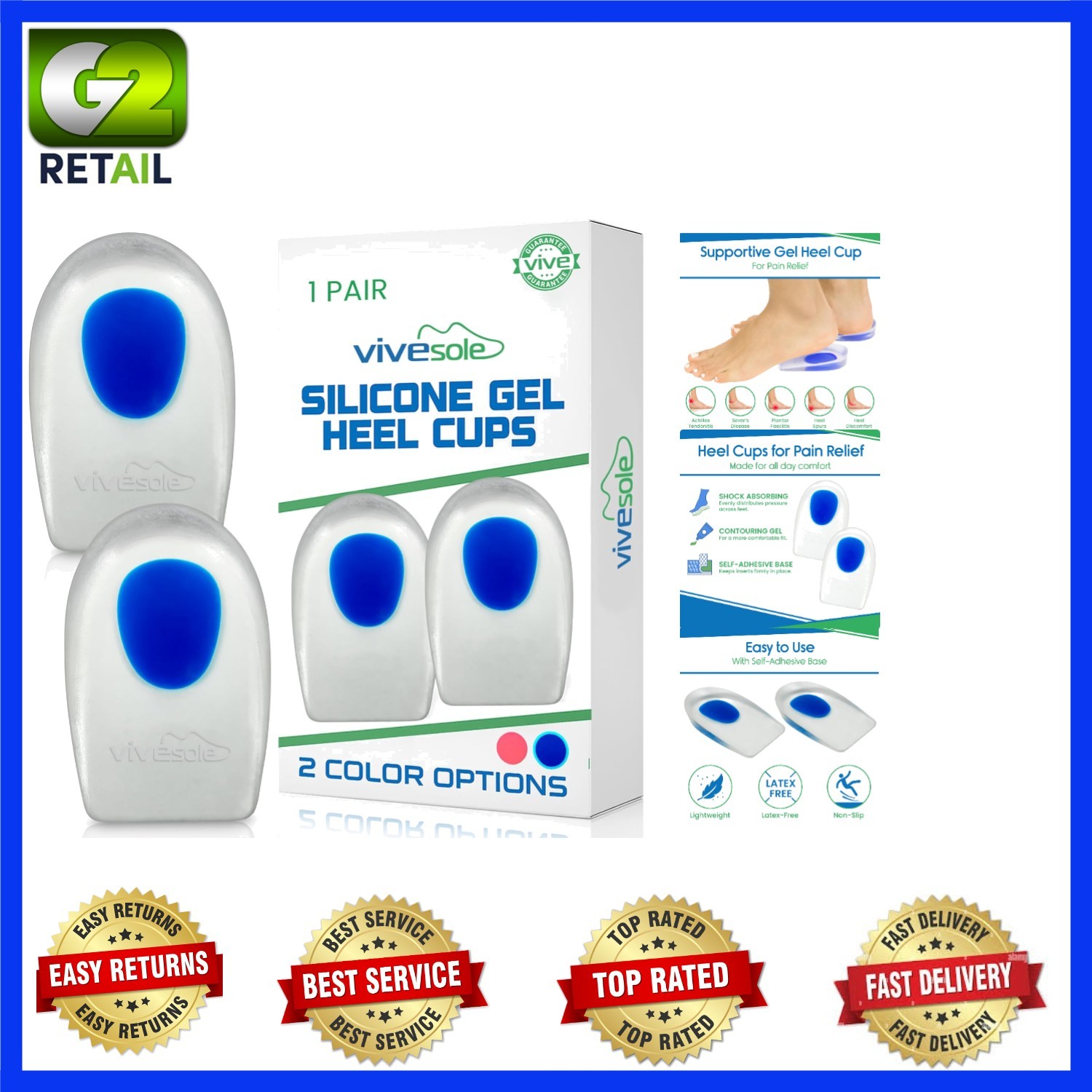 Gel Heel Cups – Silicone Cushion Inserts for Plantar Fasciitis Relief, Blue, S/M