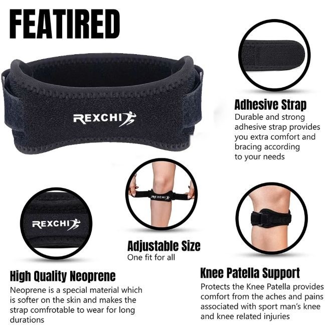 Rexchi Black Patella Tendon Knee Strap 2 – Pack, Knee Pain Relief Support Brace