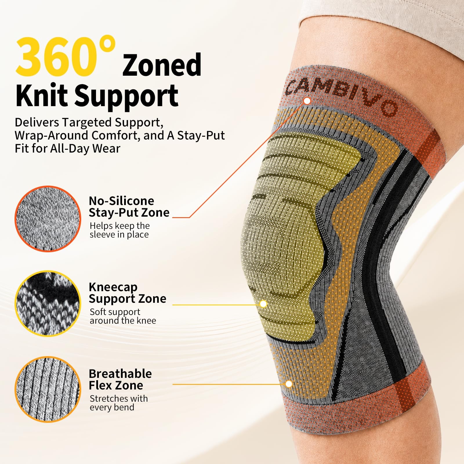 CAMBIVO 2 Pack Knee Brace for Women & Men, Compression Sleeves Large, Gray