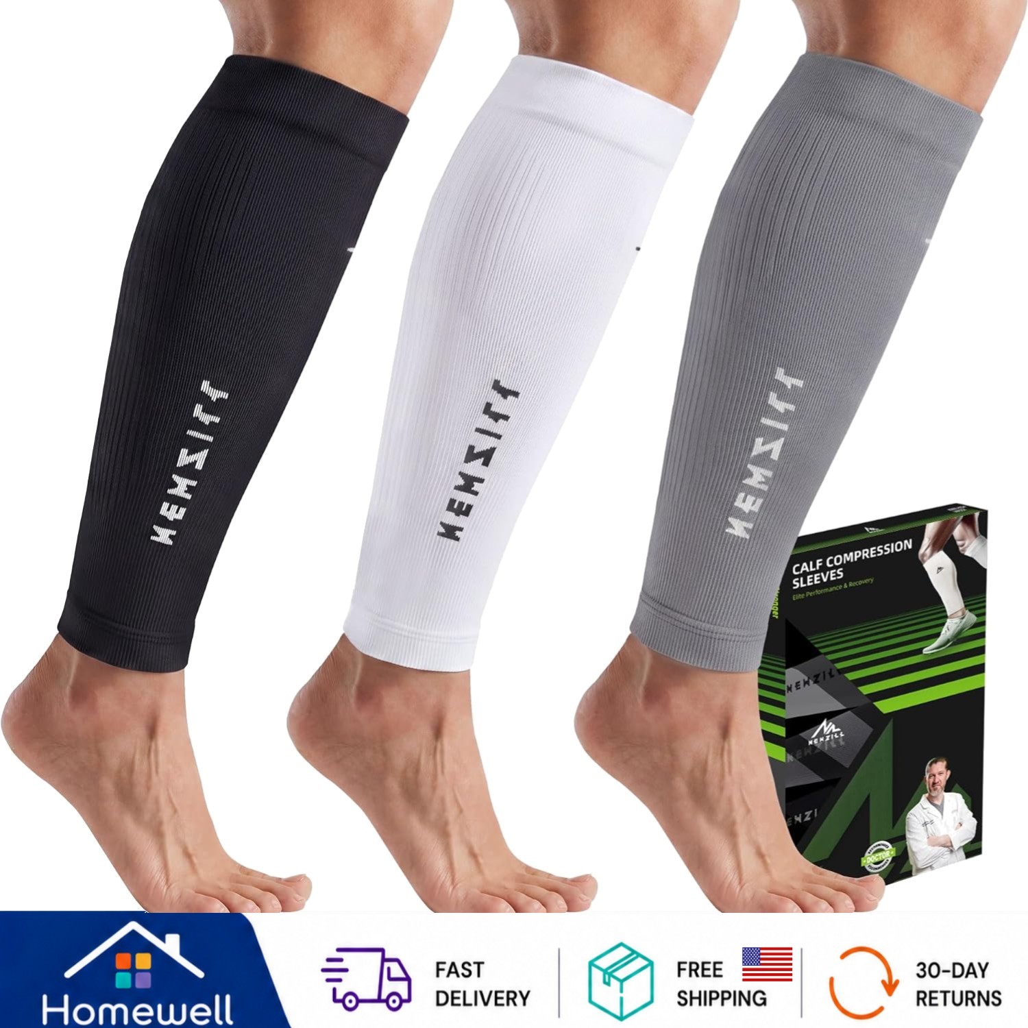 20-30mmHg Compression Calf Sleeves – Black/White/Gray (3-Pairs) for Active Life