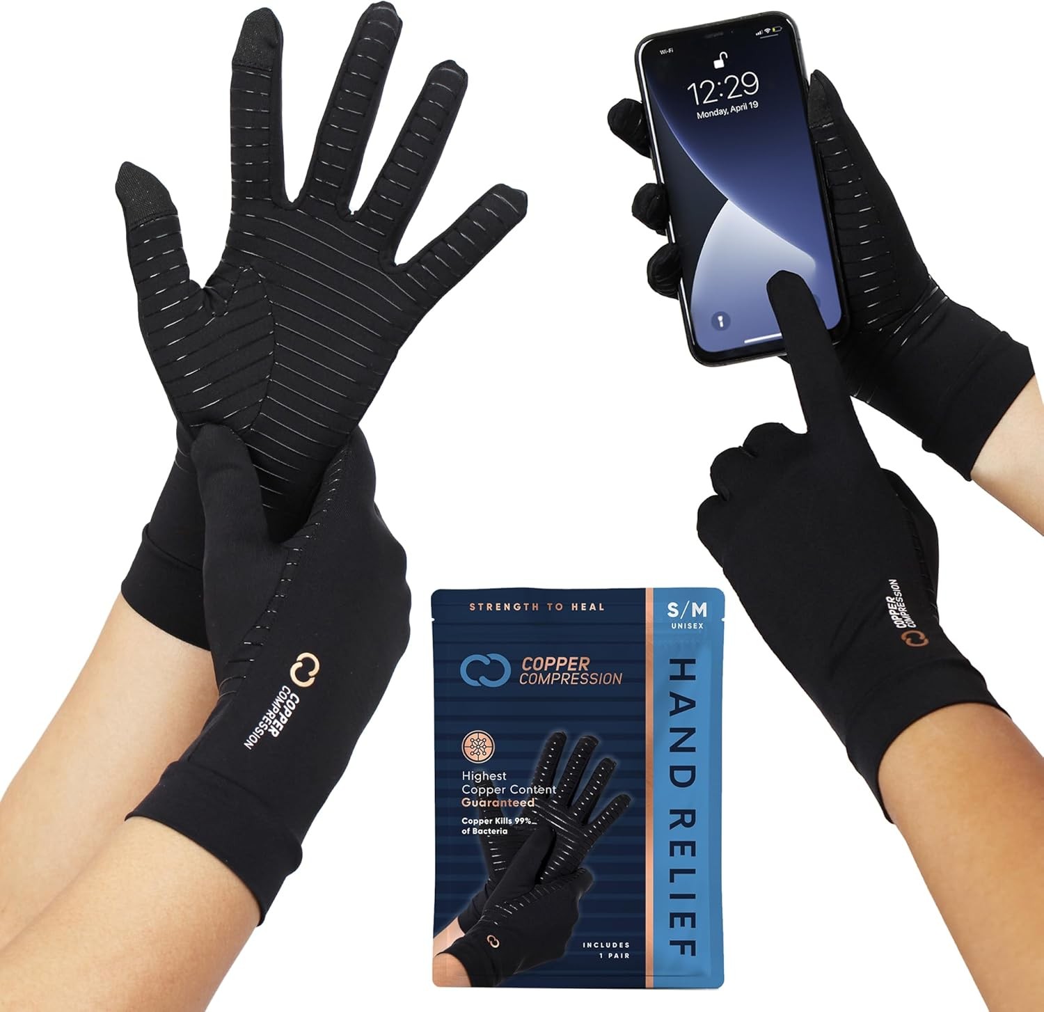 Copper Compression Full Finger Arthritis Gloves – Palm Grips – Touch Screen Fing