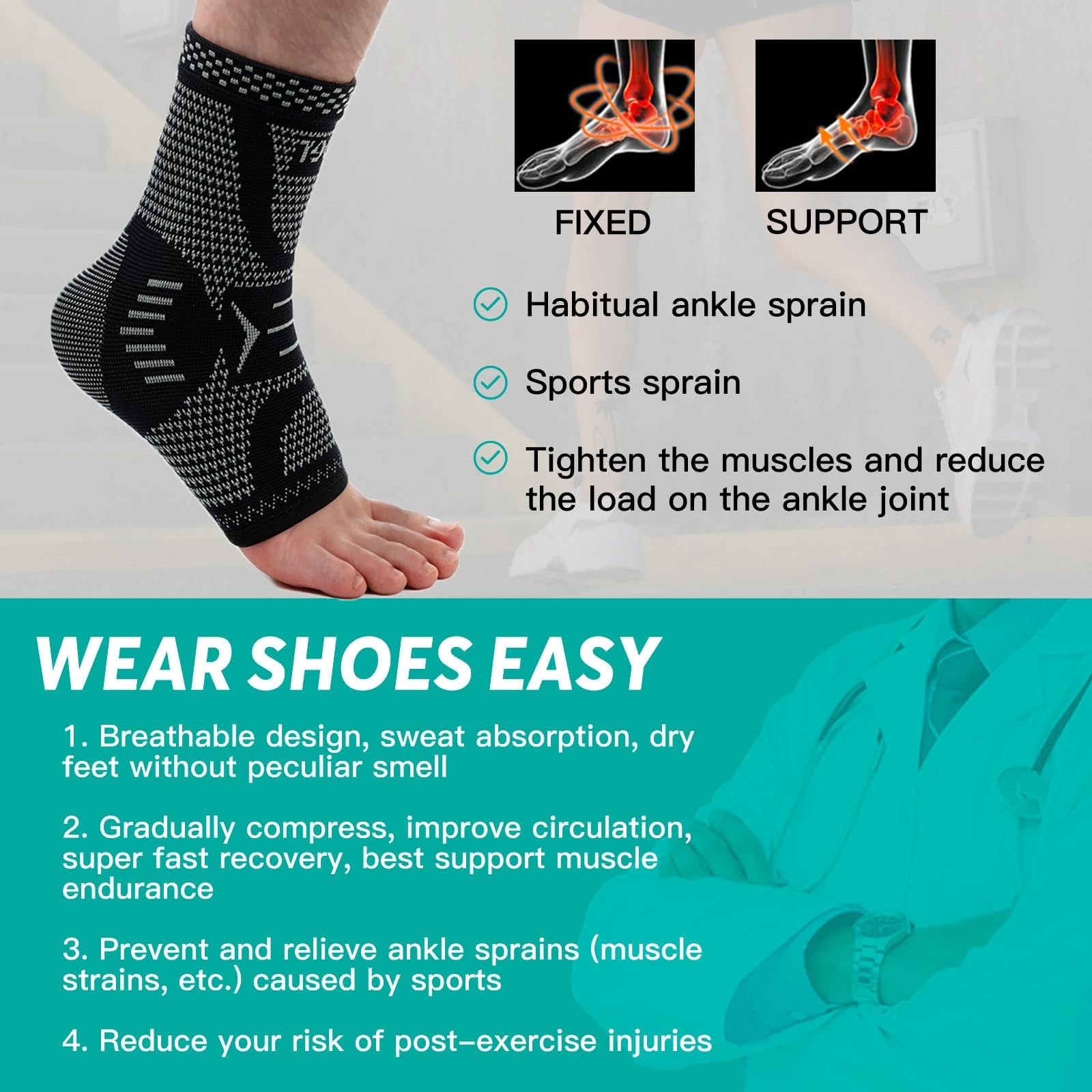 INDEEMAX Copper Ankle Brace Large, Copper-Silver Black 2 Pack
