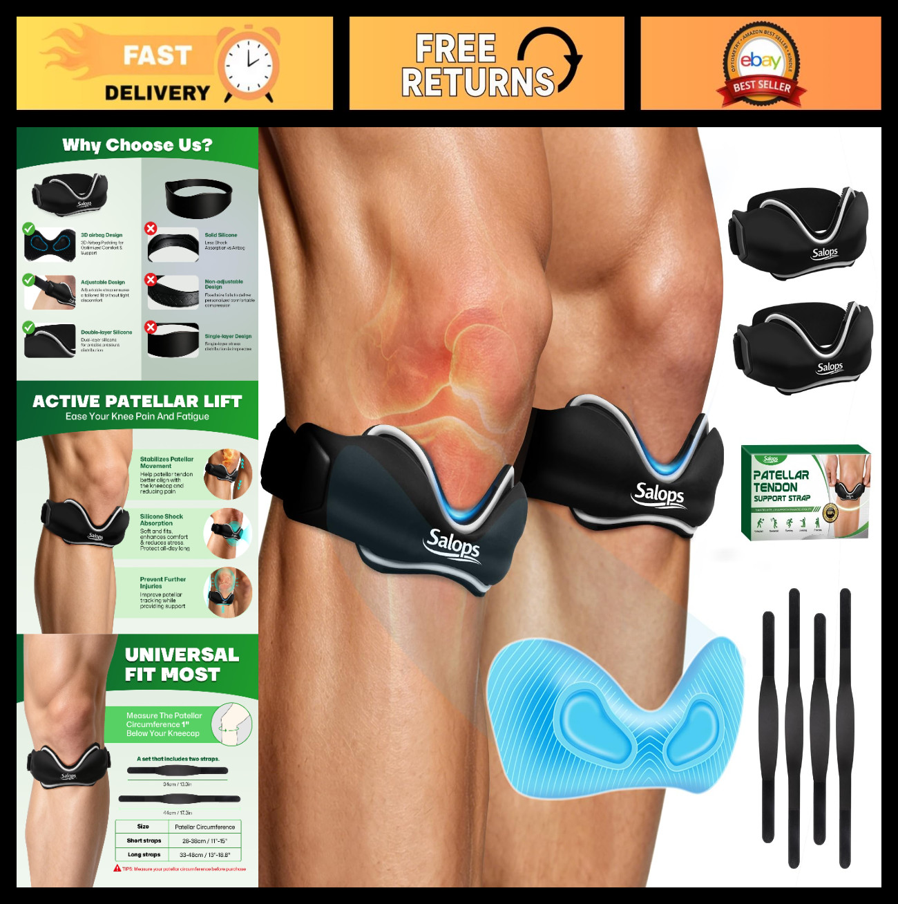 Adjustable Patellar Tendon Support Strap – Silicone Knee Brace for Pain Relief,
