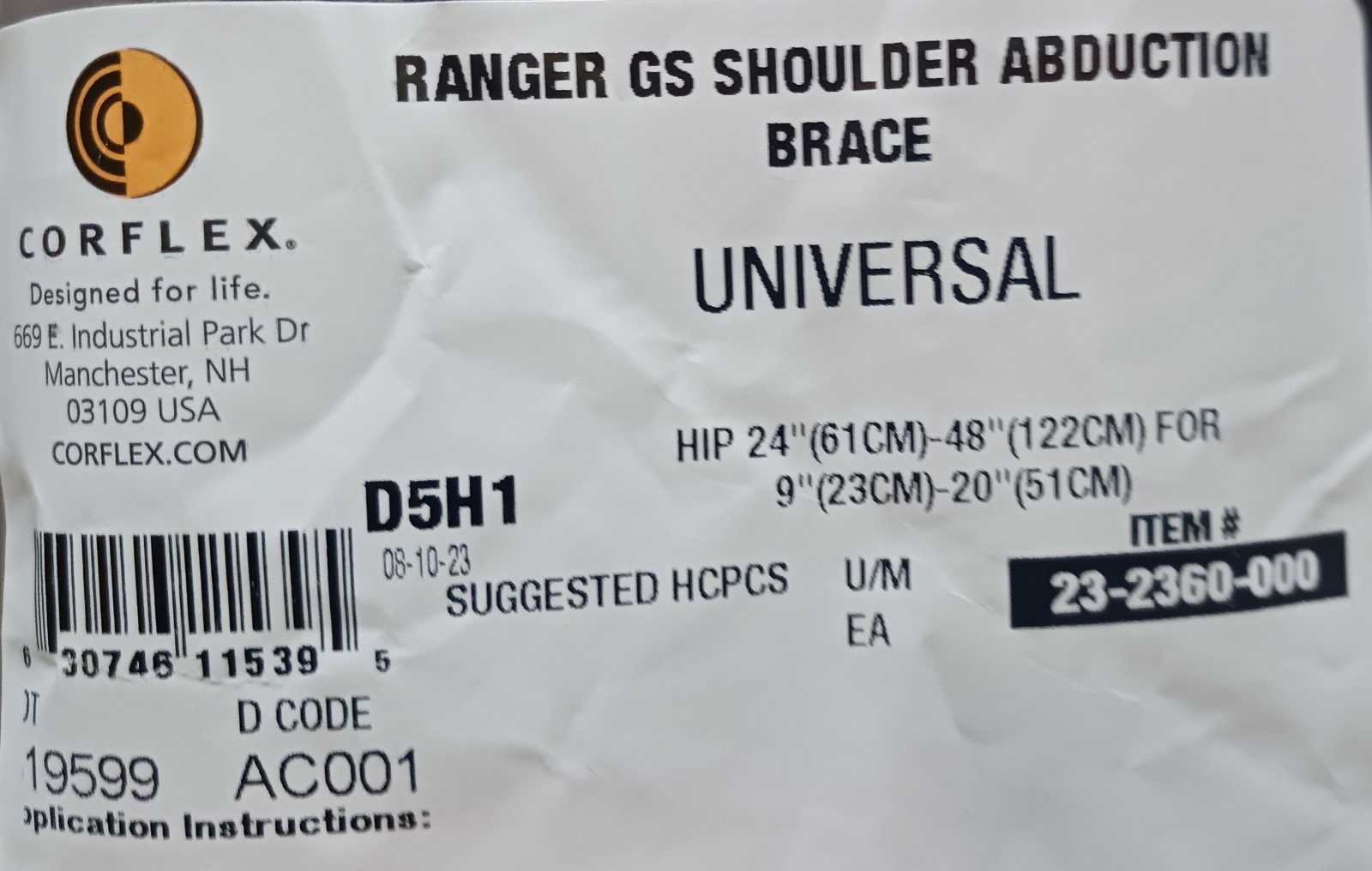 Corflex Shoulder Abduction Brace Ranger W/Sling & Ball Hip 24-48″, Forearm 9-20″