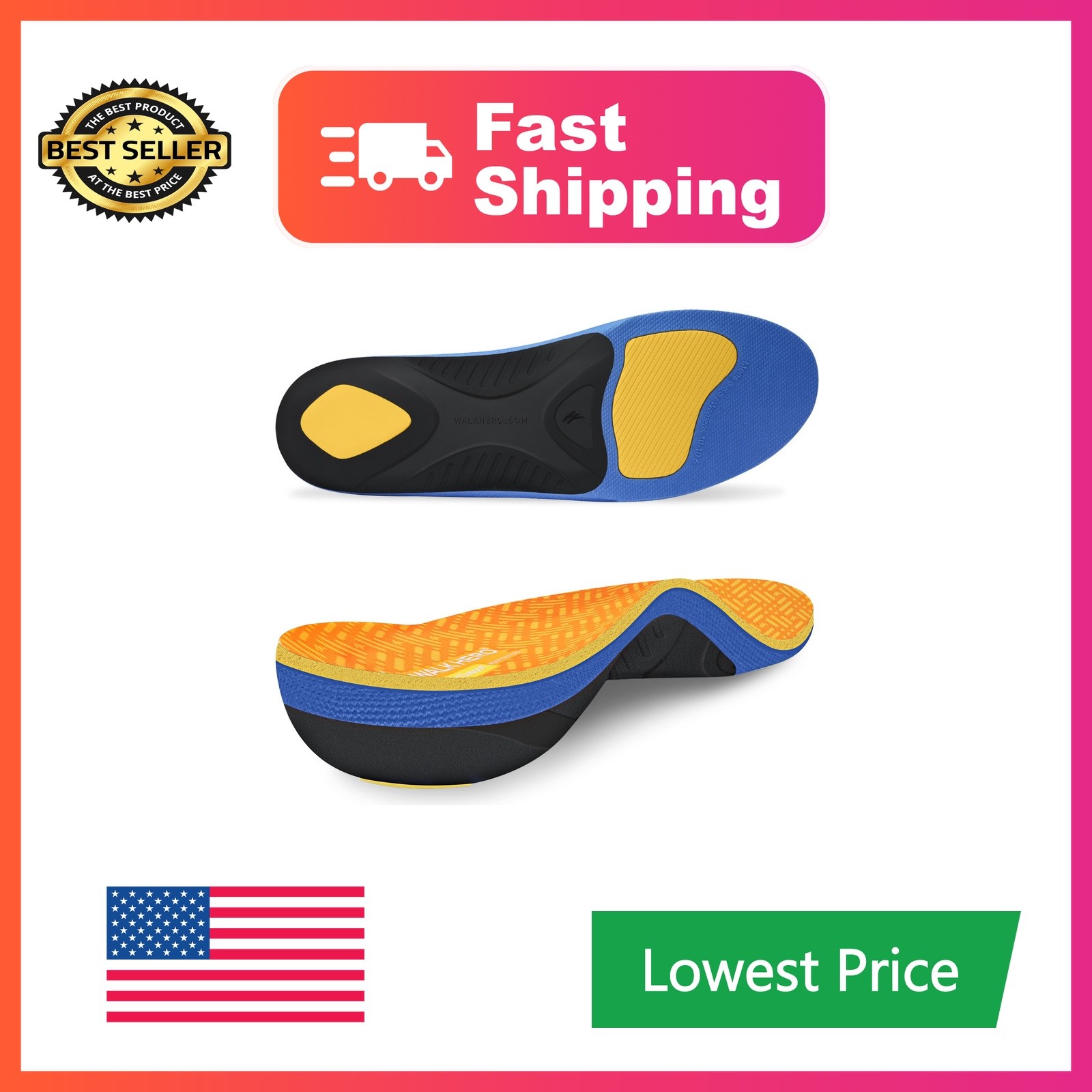 WalkHero Plantar Fasciitis Insoles Mens 6-6.5 Womens 8-8.5 Orange