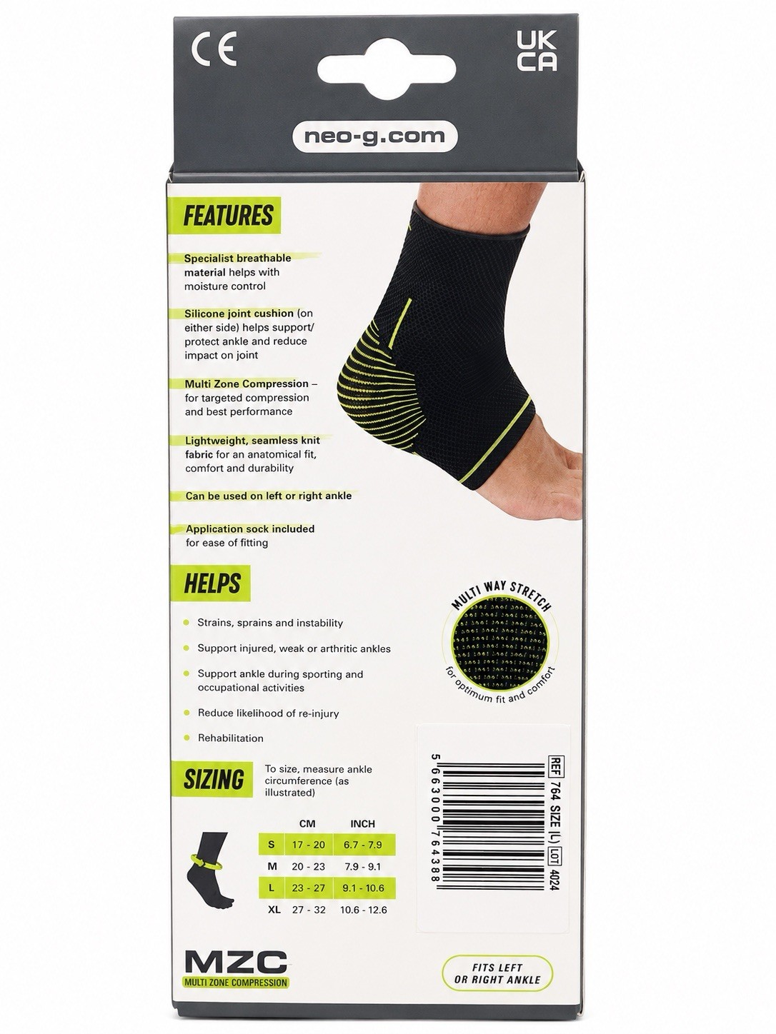 Ankle Support Sleeve Brace Compression Large (L) Black & Green 1 Count New