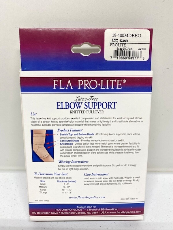 FLA Medium Elbow Support Beige Knitted Pullover Pro Lite Latex-Free NEW