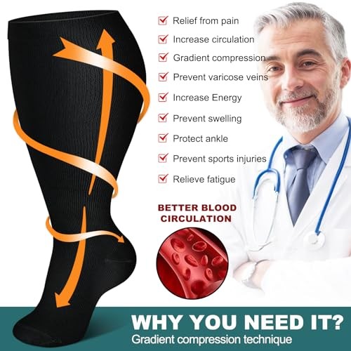 3 Packs Wide Calf Compression Socks for Women Men Knee Large Block Color-black