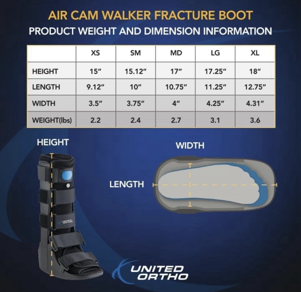 United Ortho Air Cam Walker Fracture Boot, Medium, Black Men 8-11 Woman 9-12