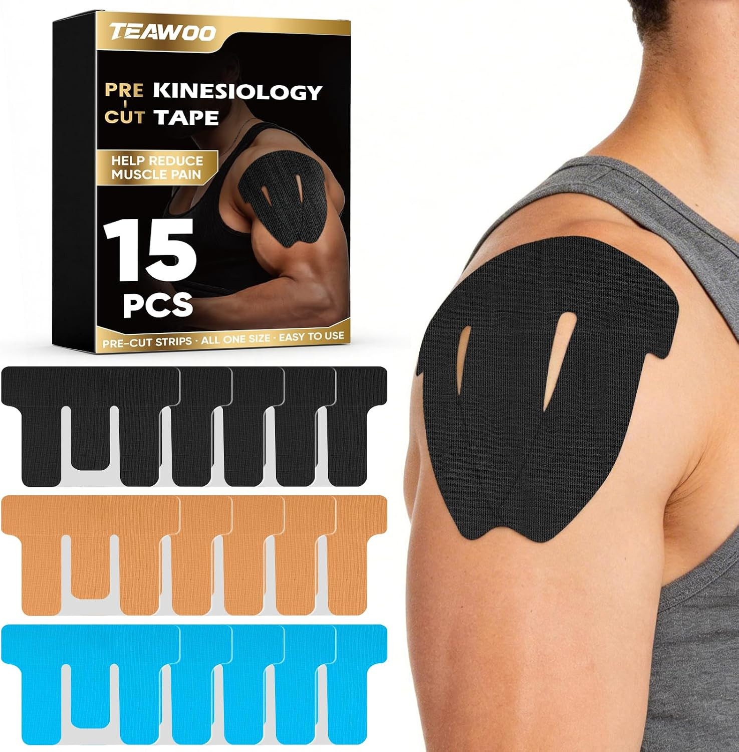 15 Pcs Precut Kinesiology Tape for Shoulder, Shoulder Pain Relief Support | Wate