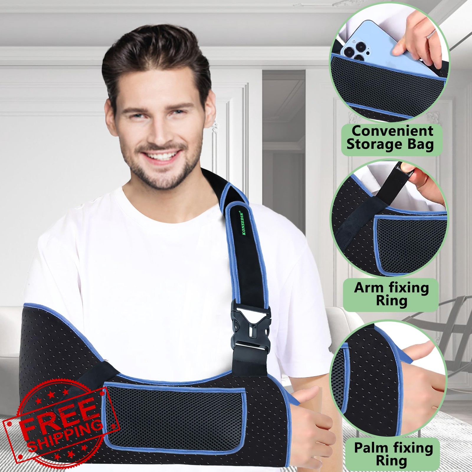 KONSEDIK Arm Sling Shoulder Support,Breathable Padded Brace with PocketandThu…