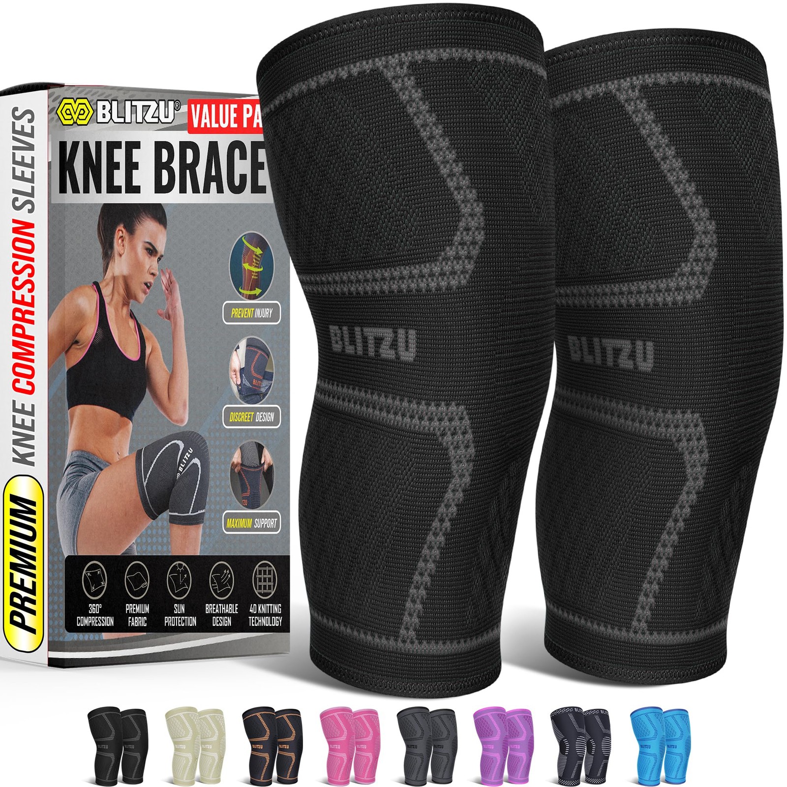 Compression Knee Sleeve 1 Pair – Knee Braces for Knee Pain for Men and Women, L