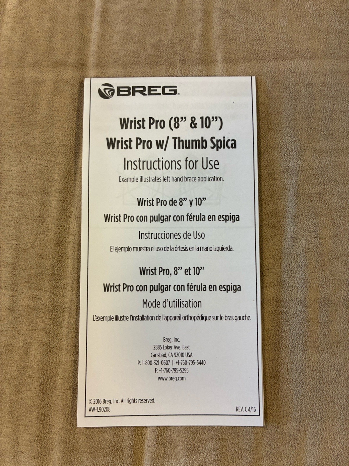 Breg Wrist Pro with Thumb Spica 9”-10” X-Large Left 10345 New In Box