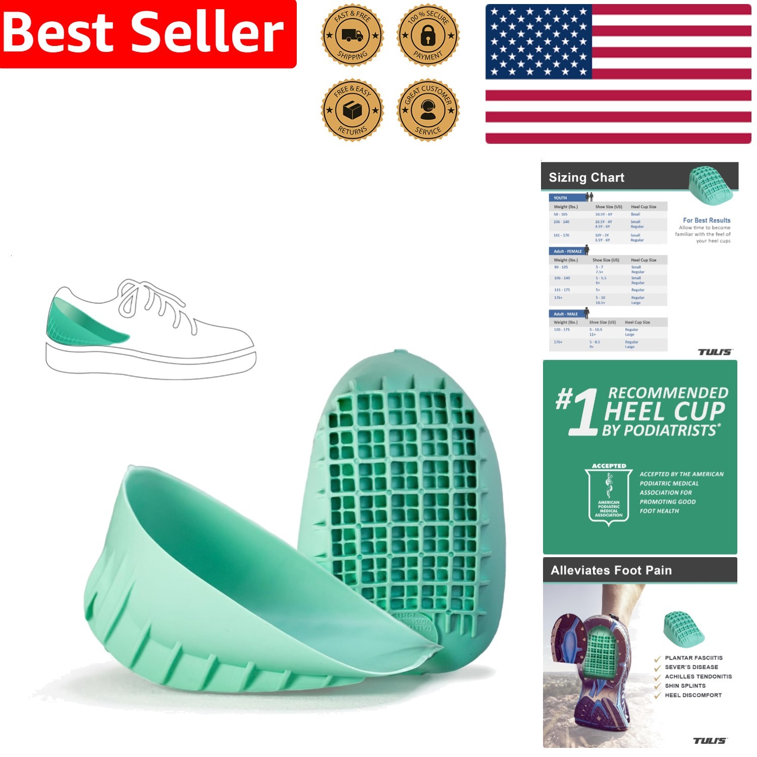 Advanced Heel Inserts Therapeutic Sever’s Disease Achilles Tendonitis APMA Green