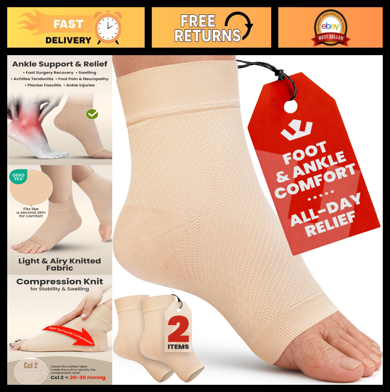 Ankle Compression Sleeves – Open Toe Socks for Plantar Fasciitis, Swelling & Sup
