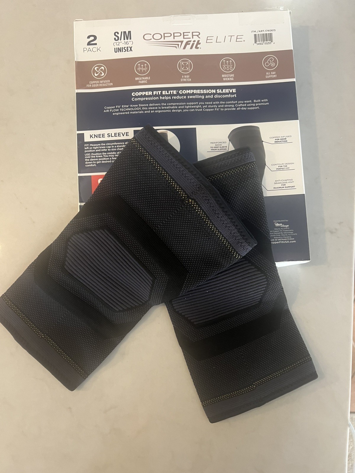 Copper Fit Elite Compression Knee Sleeve 2 Pack S/M Black Airflow Support Brace